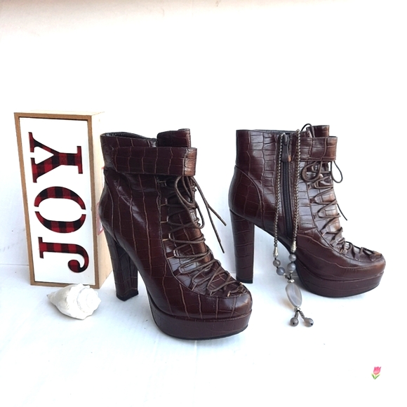 High Heel Platform Ankle Booties Faux Crocodile - Picture 1 of 7